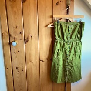 Anthro Odille strapless button down mini-dress with pockets, moss green, small.